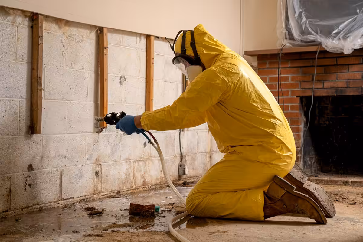 Mold remediation spray in a basement behind drywall in a home