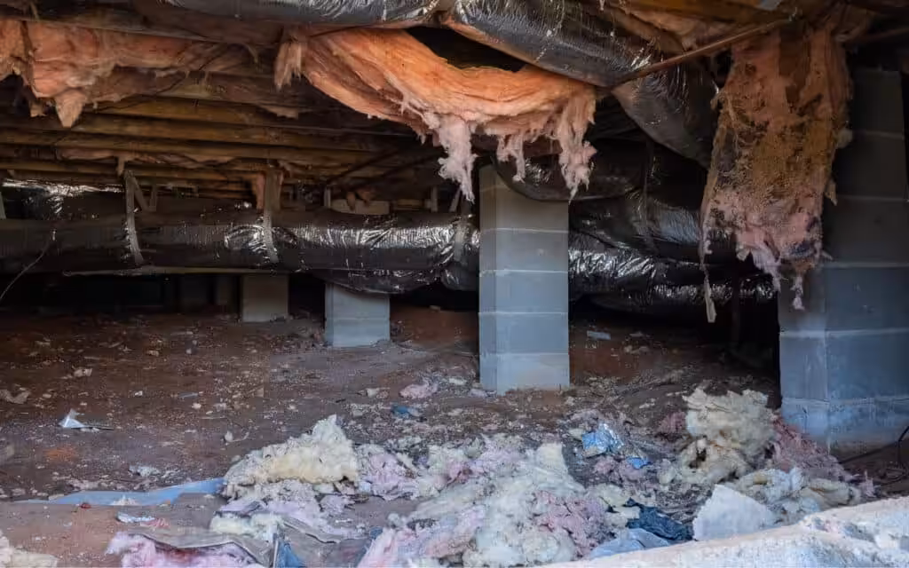 A crawl space before encapsulation and waterproofing, showing signs of damage
