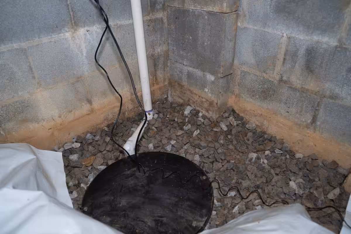 Sump pump lid and discharge line installed in a crawl space