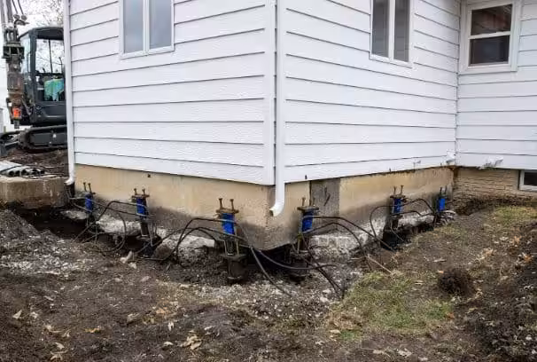 Push piers installed and visible on a home's foundation