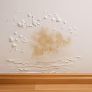 A section of wall that has bubbling paint and discoloration from water damage