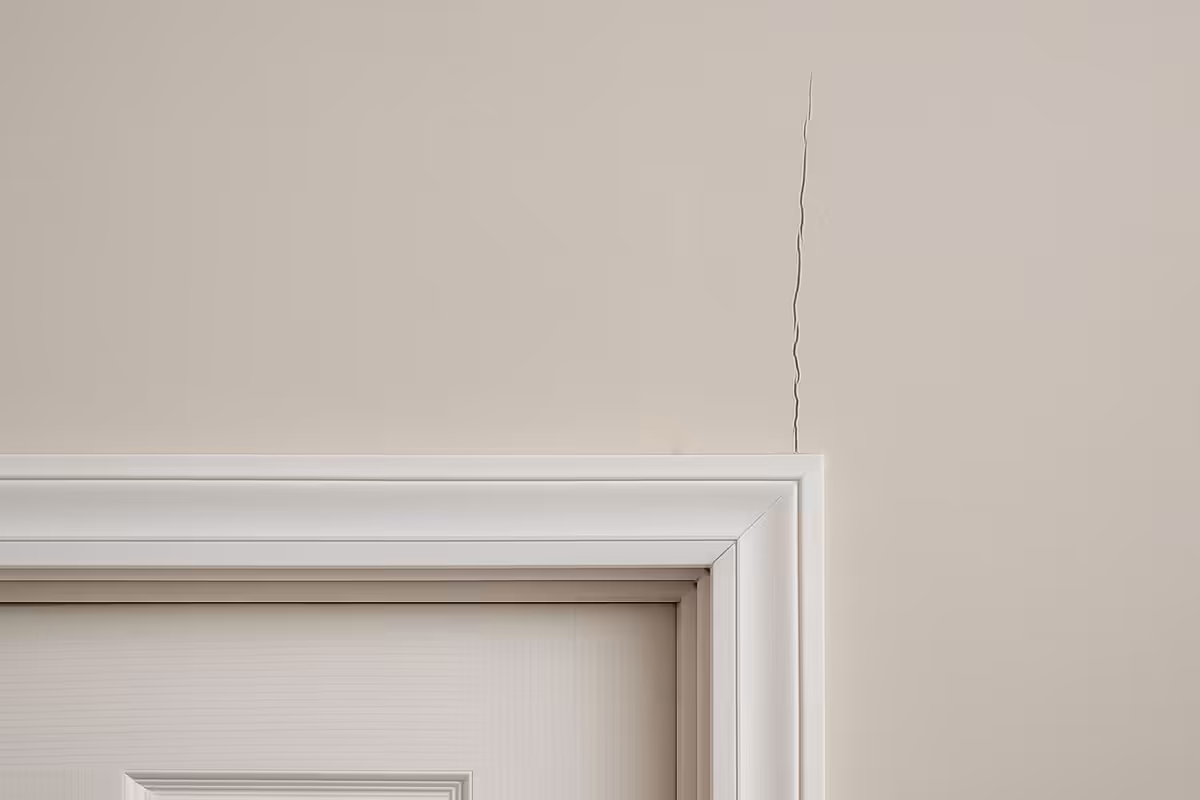 Vertical crack in drywall above door frame