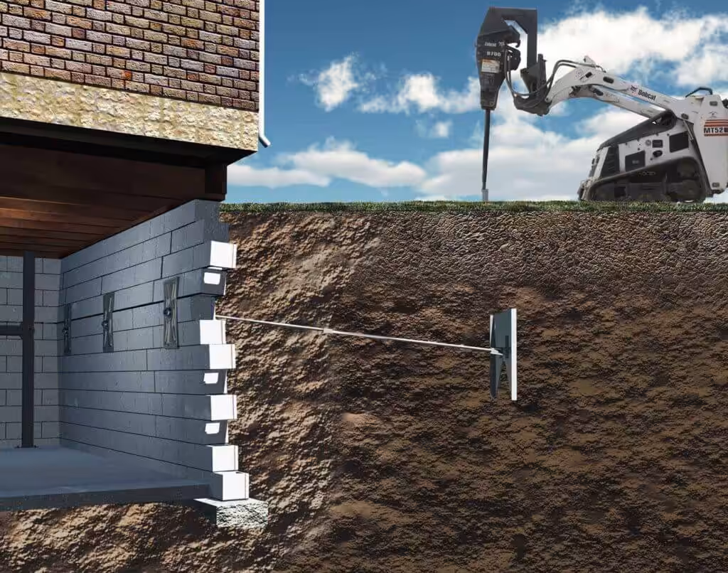 Diagram of helical tieback anchors and install machinery