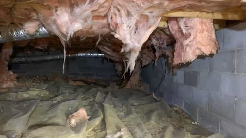 Insulation falling from a crawl space due to moisture