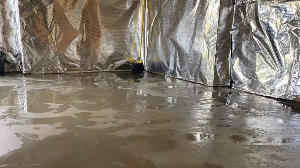 A basement with signs of flooding on the floor