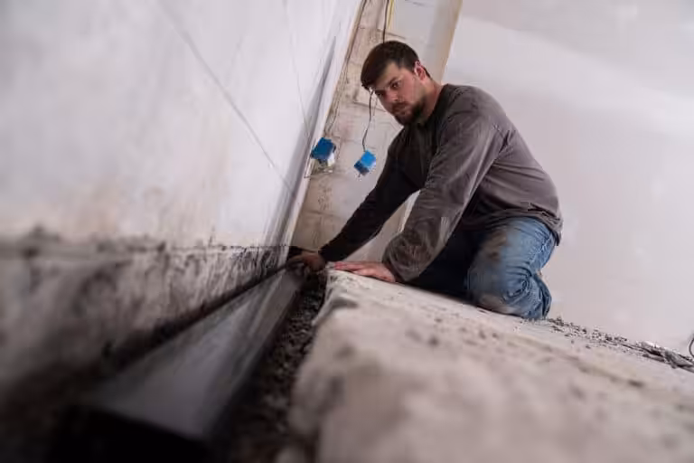 Man installing basement drainage channel pipe