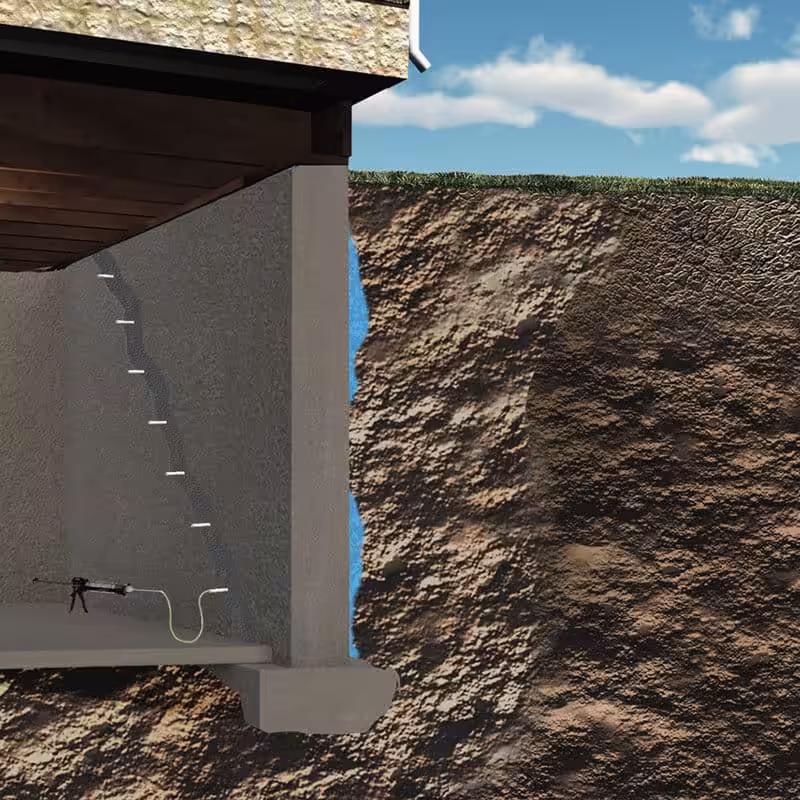 Diagram showing how basement cracks are injected with polyurethane to stop outside water from entering